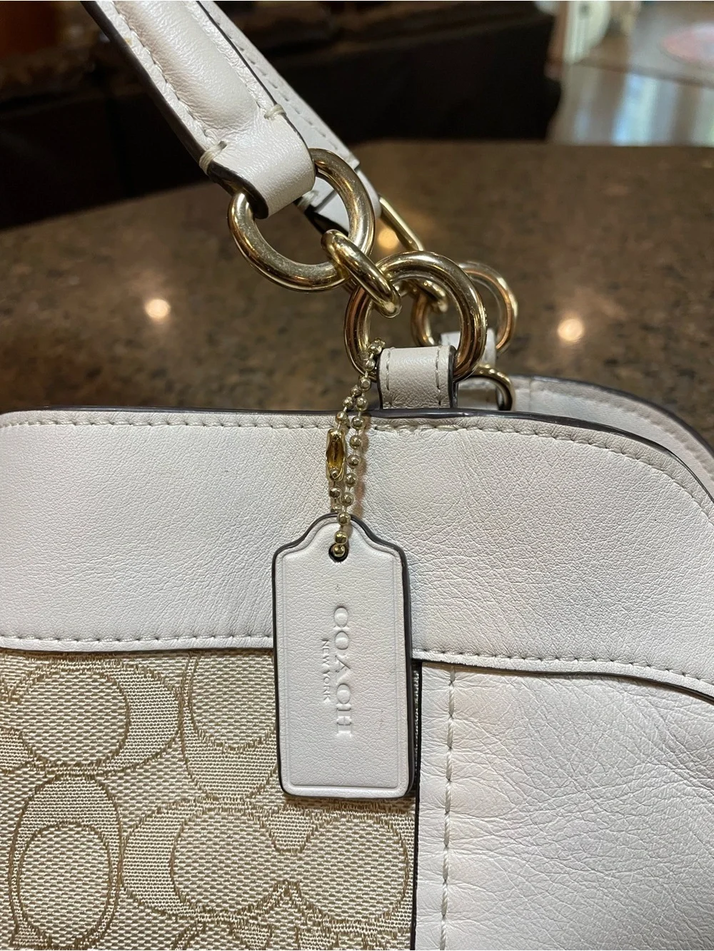 EUC Coach Lexy Shoulder Bag Signature “C” Jacquard Chalk/White Leather Trim Gold